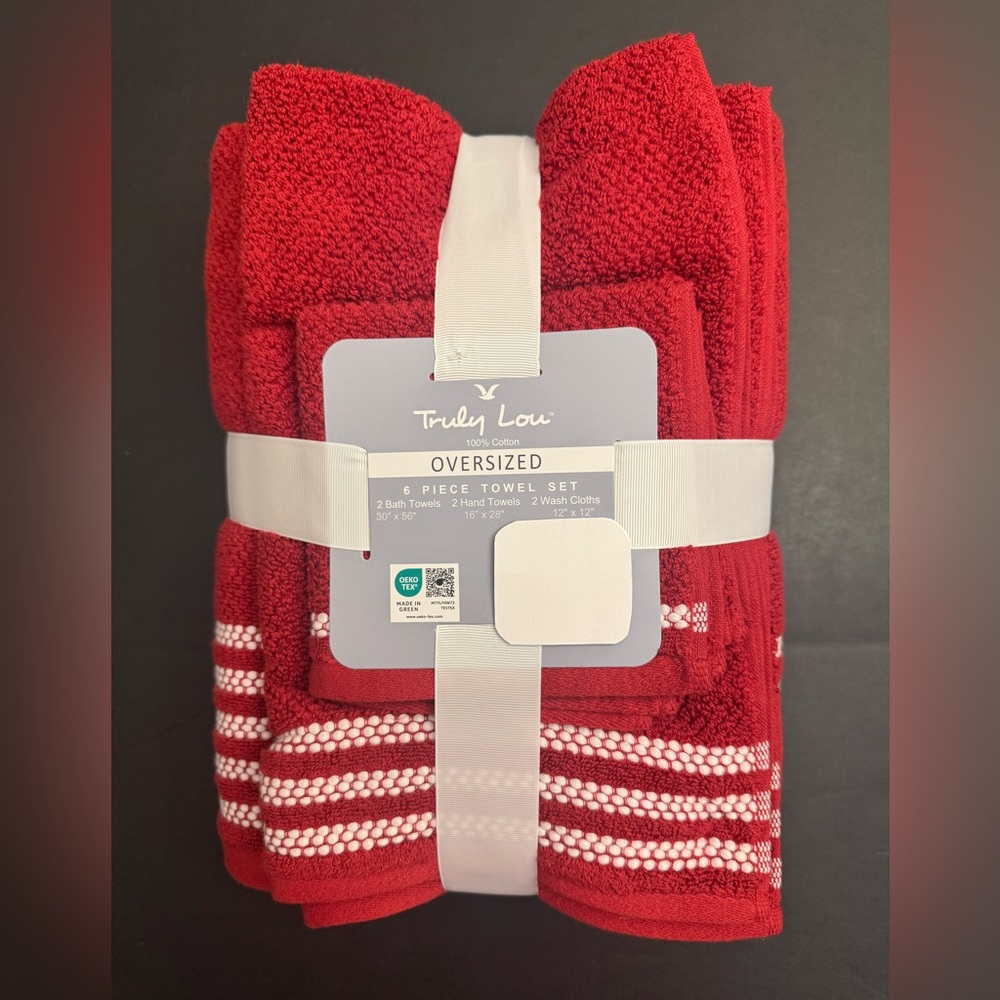 6pc TRULY LOU Oversized 100% Cotton Bath Towel Set - Berry Red/White - Holiday
